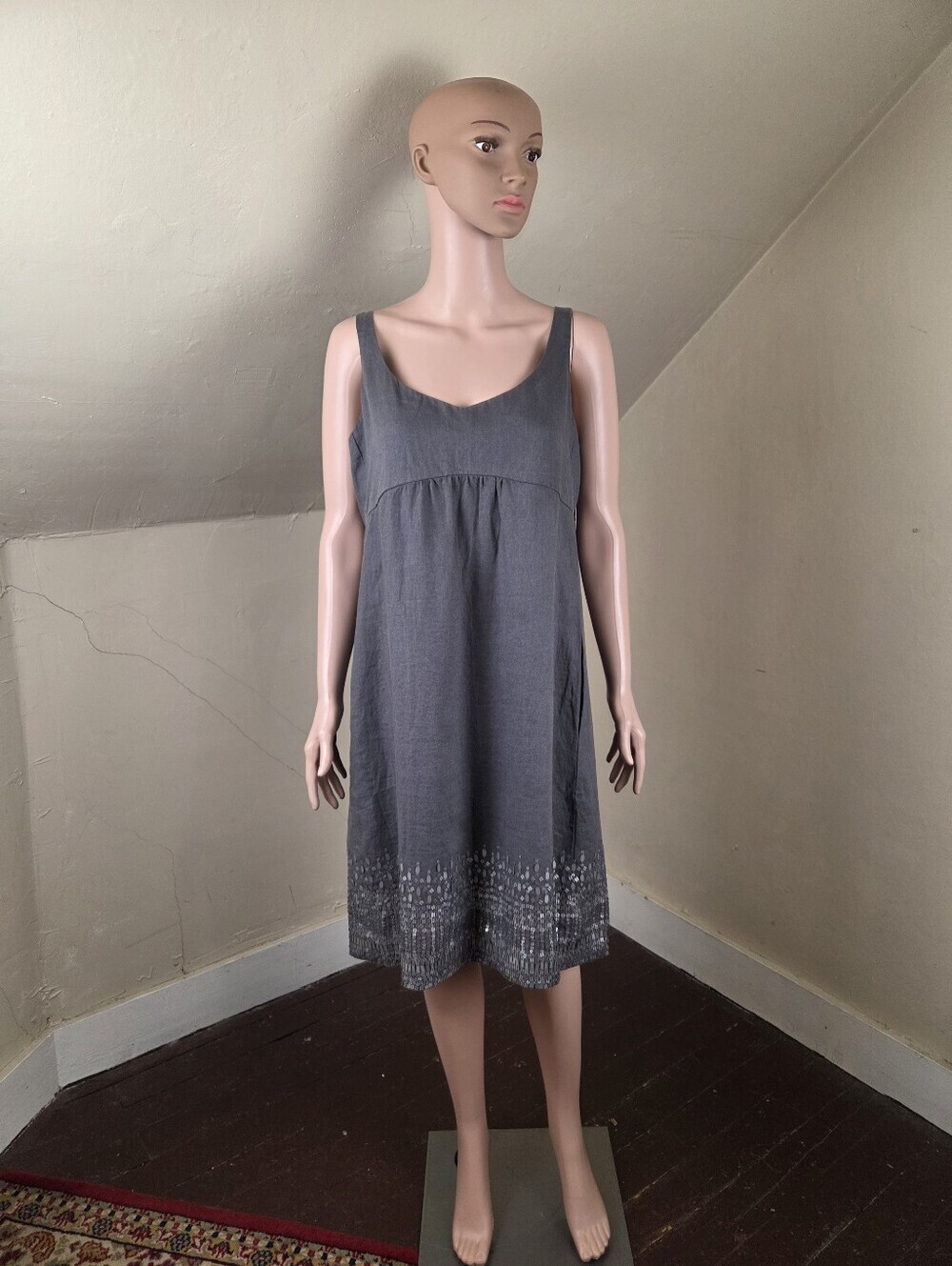 Eileen Fisher Organic Linen Sequin Hem Sleeveless Shift Dress Gray Size 10